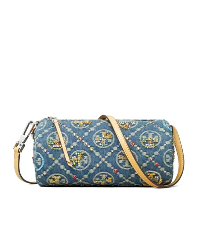 Tory Burch T Monogram Denim Cylindrical Bag