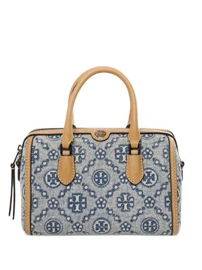 Tory Burch T Monogram Denim Petite Barrel Bag In Light Blue