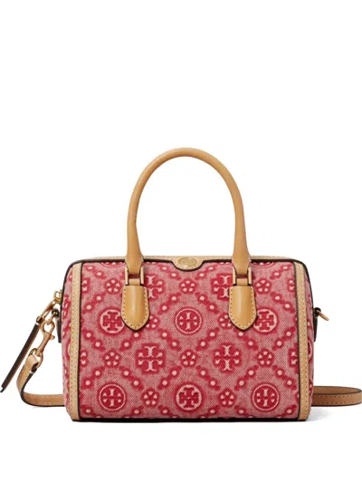 Tory Burch T Monogram Denim Petite Barrel Bag In Burgundy