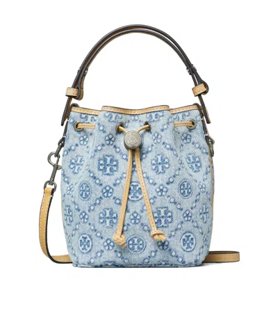 Tory Burch T Monogram Drawstring Bucket Bag In Blue