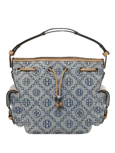 Tory Burch T Monogram Drawstring Bucket Bag In Blue