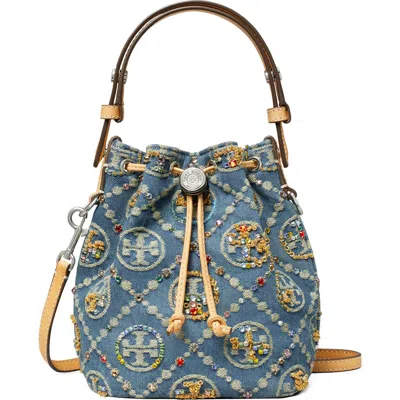 Tory Burch T Monogram Embellished Denim Bucket Bag In Multi
