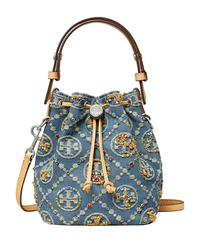 Tory Burch T Monogram Embellished Denim Bucket Bag