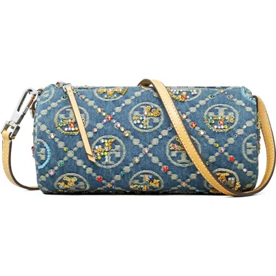 Tory Burch T Monogram Embellished Denim Cylinder Shoulder Bag