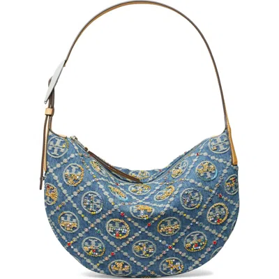 TORY BURCH TORY BURCH T MONOGRAM EMBELLISHED DENIM SHOULDER BAG