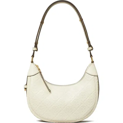 Tory Burch T-monogram Embossed Crescent Shoulder Bag In Light Cream