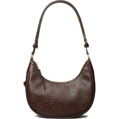 Tory Burch T-monogram Embossed Crescent Shoulder Bag In Maroon