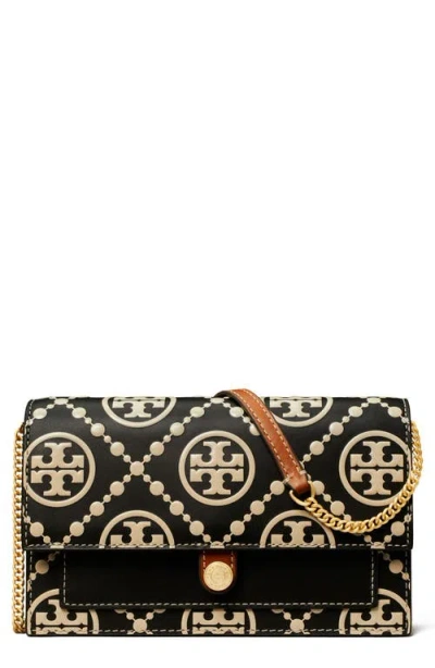 Tory Burch T Monogram Embossed Leather Wallet Crossbody In Black/new Cream