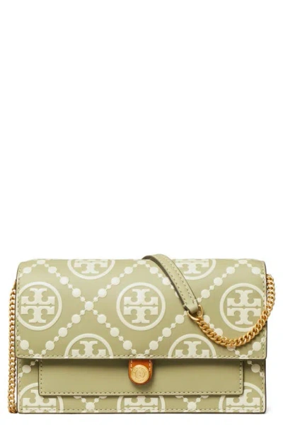 Tory Burch T Monogram Contrast Embossed Leather Chain Wallet In Olive Sprig/gold