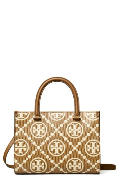 Tory Burch T Monogram Embossed Textured Leather Tote In Walnut