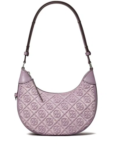 Tory Burch T Monogram Fil Coupe Crescent Shoulder Bag In Lilac