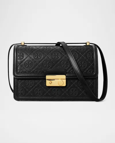 Tory Burch T Monogram Flap Leather Shoulder Bag In Black