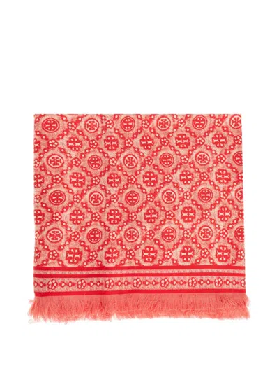 Tory Burch T-monogram Fringed Scarf In Red