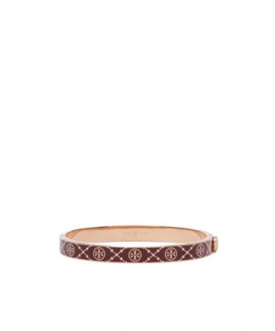Tory Burch T Monogram Hinged Bracelet In Rose Gold/burken Red