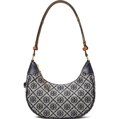 Tory Burch T-monogram Jacquard Crescent Shoulder Bag In Tory Navy