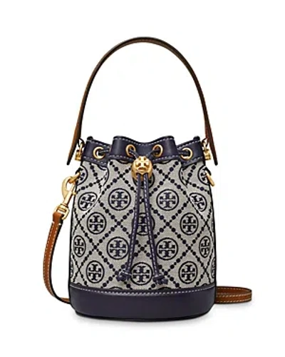 Tory Burch T Monogram Jacquard Mini Bucket Bag In Tory Navy/rolled Brass