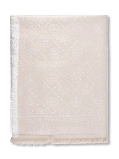 Tory Burch T Monogram Jacquard Oblong Scarf With Fringed Edges In White