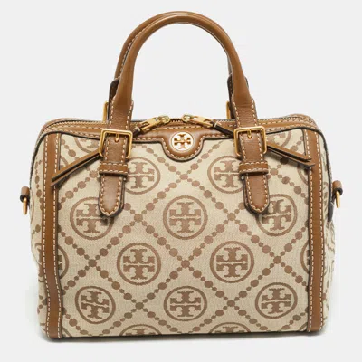 Pre-owned Tory Burch T Monogram Jacquard Tan/beige Canvas And Leather Duffel Bag In Brown
