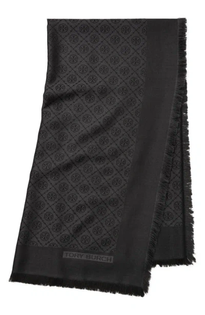 Tory Burch T-monogram Jacquard Wool & Silk Oblong Scarf In Black