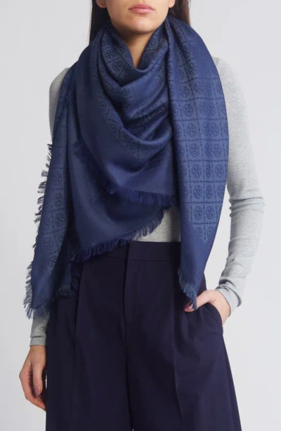 Tory Burch T-monogram Jacquard Wool & Silk Oblong Scarf In Blue