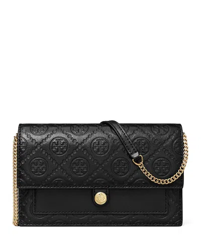 Tory Burch T Monogram Debossed Wallet On A Chain In Black