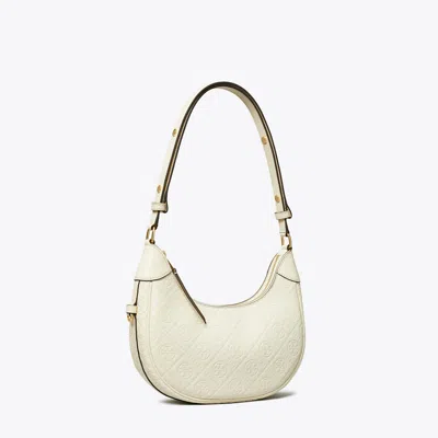 Tory Burch T Monogram Leather Crescent Bag In Light Cream