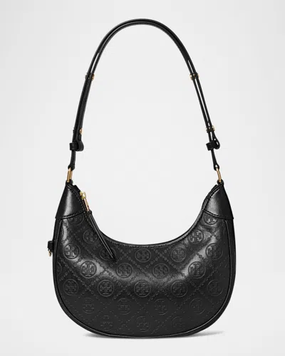 Tory Burch T Monogram Leather Crescent Shoulder Bag In Black