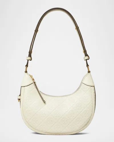 Tory Burch T Monogram Leather Crescent Shoulder Bag In Light Cream