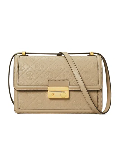 Tory Burch T Monogram Leather Shoulder Bag In Nude