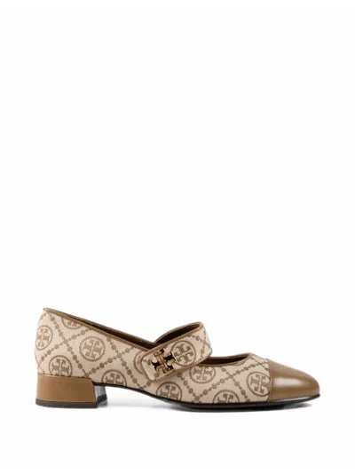 Tory Burch T Monogram Leather-trim Ballet Flats In Neutral