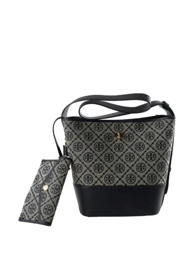 TORY BURCH T MONOGRAM LEATHER-TRIM BUCKET BAG