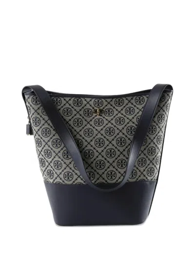 Tory Burch T Monogram Leather-trim Bucket Bag In Blue