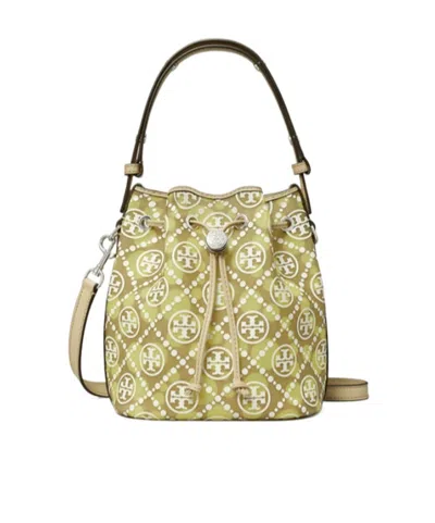 Tory Burch T Monogram Mesh Dot Bucket Bag In Khaki / Honey Dew