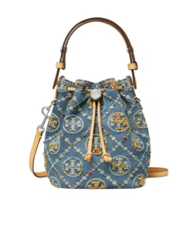 Tory Burch T Monogram Mini Denim Bucket Bag In Gray