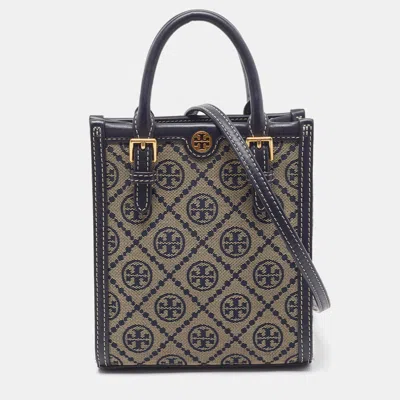 Pre-owned Tory Burch T Monogram Mini Navy Blue Canvas And Leather Tote