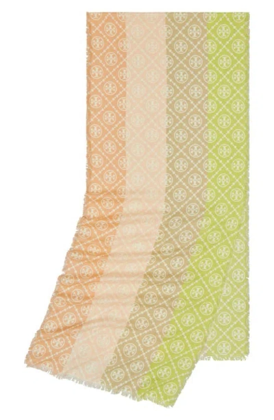 Tory Burch T-monogram Multistripe Oblong Scarf In Multi Stripe Oblong - Chartreuse