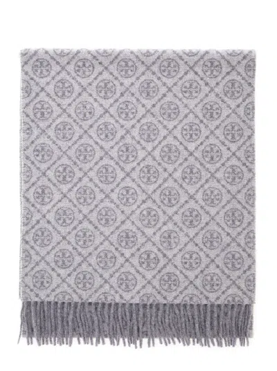 TORY BURCH GREY SCARF WITH ALL-OVER T MOTIF MONOGRAM AND FRINGED EDGES IN WOOL WOMAN