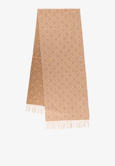 Tory Burch T Monogram Oblong Wool-blend Scarf In Sand