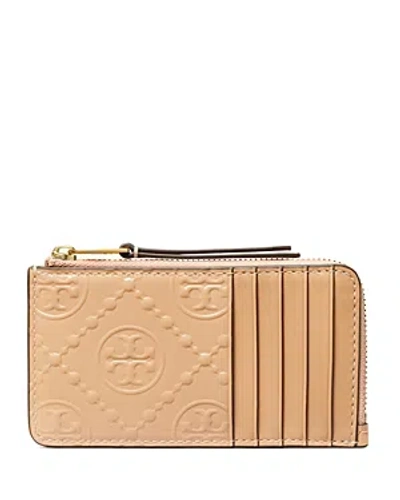Tory Burch T Monogram Patent Embossed Leather Zip Card Case In Light Peach/gold