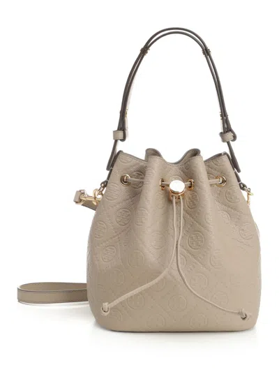 Tory Burch T Monogram Pebble Bucket Bag Handbags Grey