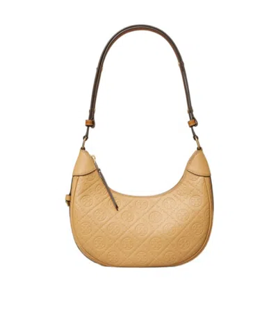 Tory Burch T Monogram Pebble Crescent Bag In Brown