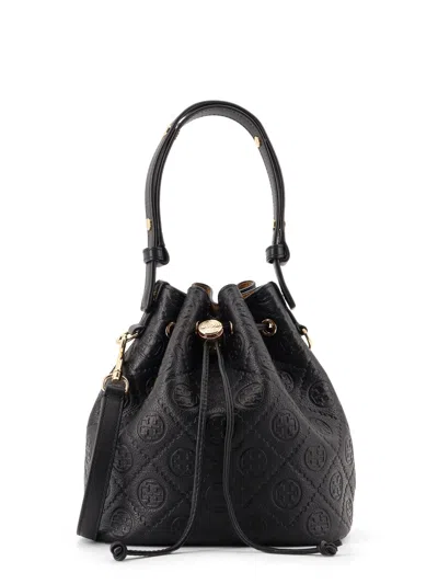 Tory Burch T Monogram Pebble Leather Bucket Bag In Black