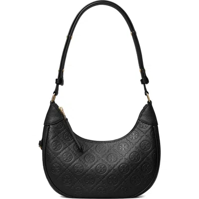 Tory Burch T Monogram Pebble Leather Crescent Shoulder Bag In Black