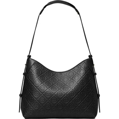 Tory Burch T Monogram Pebble Leather Messenger Bag In Black