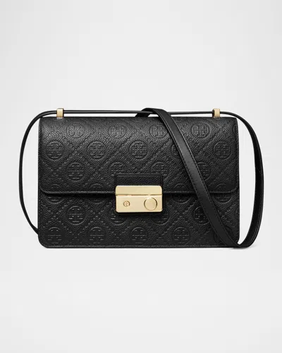Tory Burch T-monogram Pebble Leather Shoulder Bag In Black