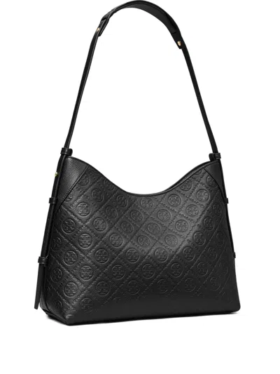 Tory Burch T Monogram Pebble-leather Shoulder Bag In Black