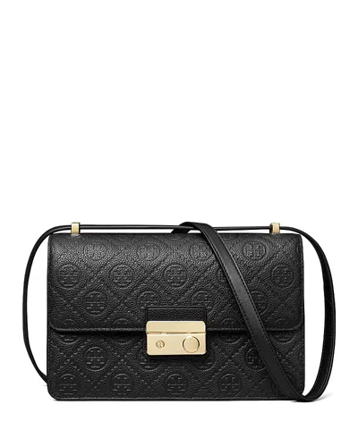 Tory Burch T Monogram Pebble Leather Shoulder Bag In Black