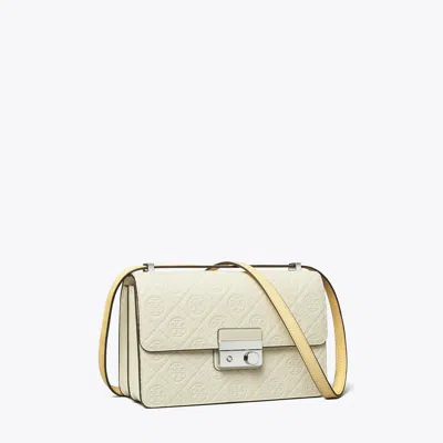 Tory Burch T Monogram Pebble Shoulder Bag In White