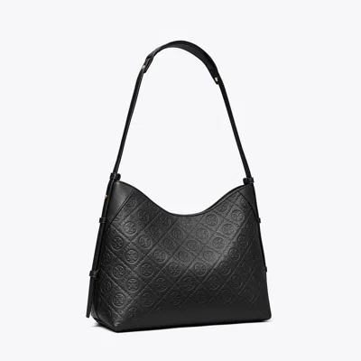 Tory Burch T Monogram Pebbled Messenger Bag In Black