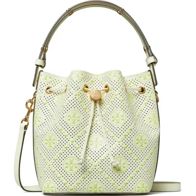 Tory Burch T Monogram Perforated Leather Bucket Bag In New Ivory/green